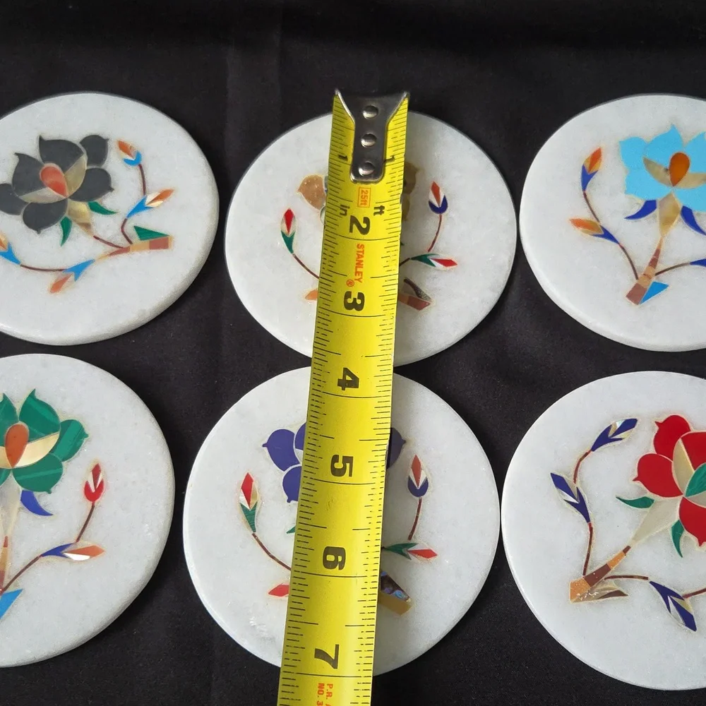 Set of 6 Marble Inlay Floral Coasters